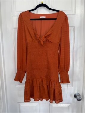 Storia Warm Rust Tie-Front Smocked Long Sleeve Mini Dress